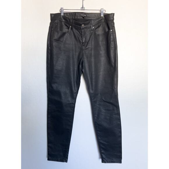 Eileen Fisher Pants Sz 14 Coated Denim Jeans Faux Leather Black Slim Stretch - Picture 2 of 8